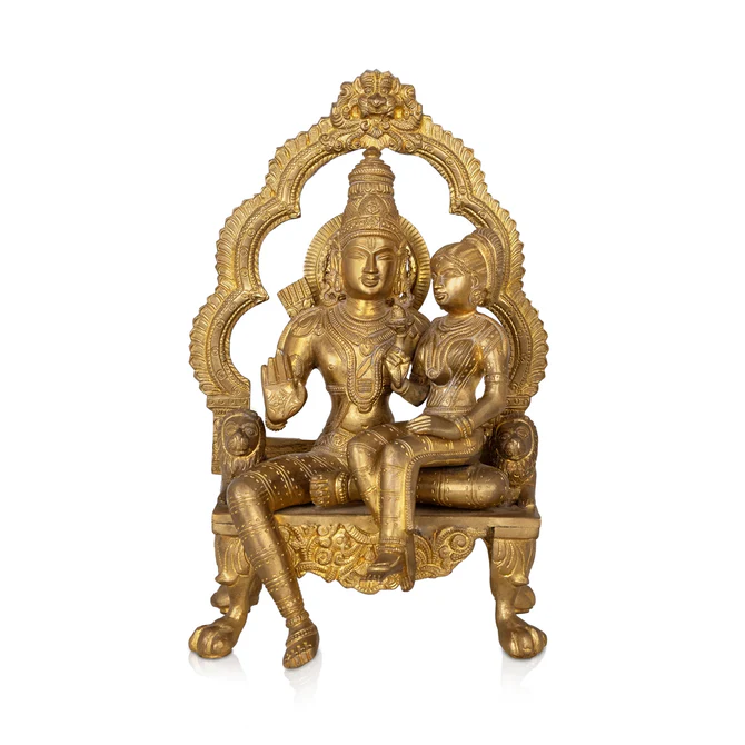 Ram Sita Sitting On Simhasanam With Arch - 14 x 9.5 Inches Bronze Idol
